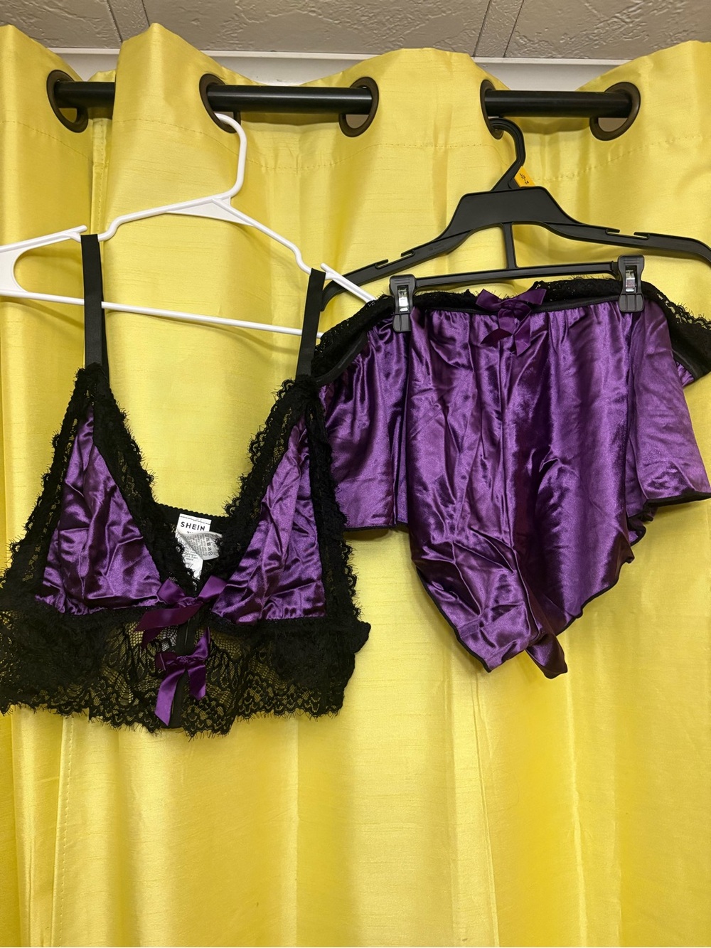 SHEIN Purple Satin Bralette and High-Waist Shorts with Black Lace